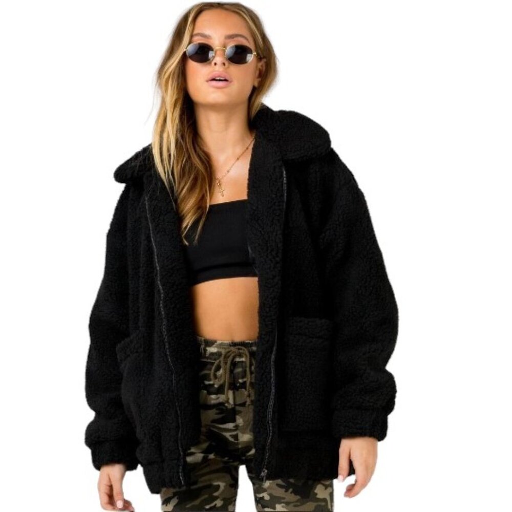 I.AM.GIA Black Faux Shearling Teddy Bear Zip Up Pixie Jacket Coat
